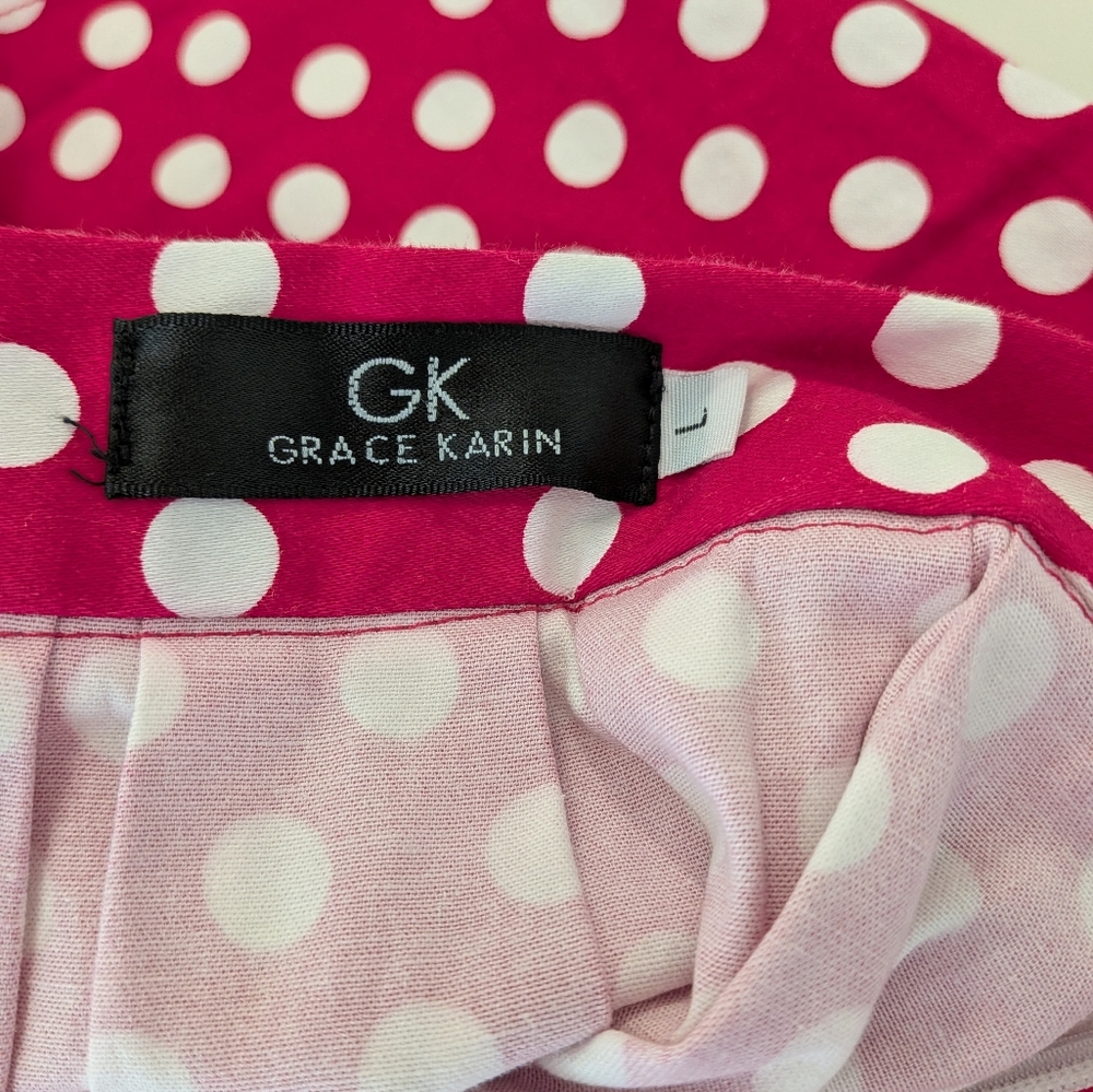 Grace Karin Pink Polka Dot Pleated A-Line Skirt Retro Rockabilly Magenta Large - Picture 2 of 7